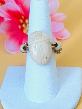 Gold plated wire wrapped vintage Scarab ring size 7, carved design